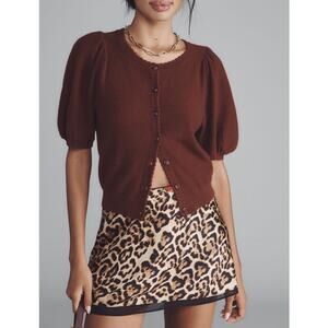 Anthropologie Maeve Puff Sleeve 100% Cashmere Cardigan Sweater Brown Size small